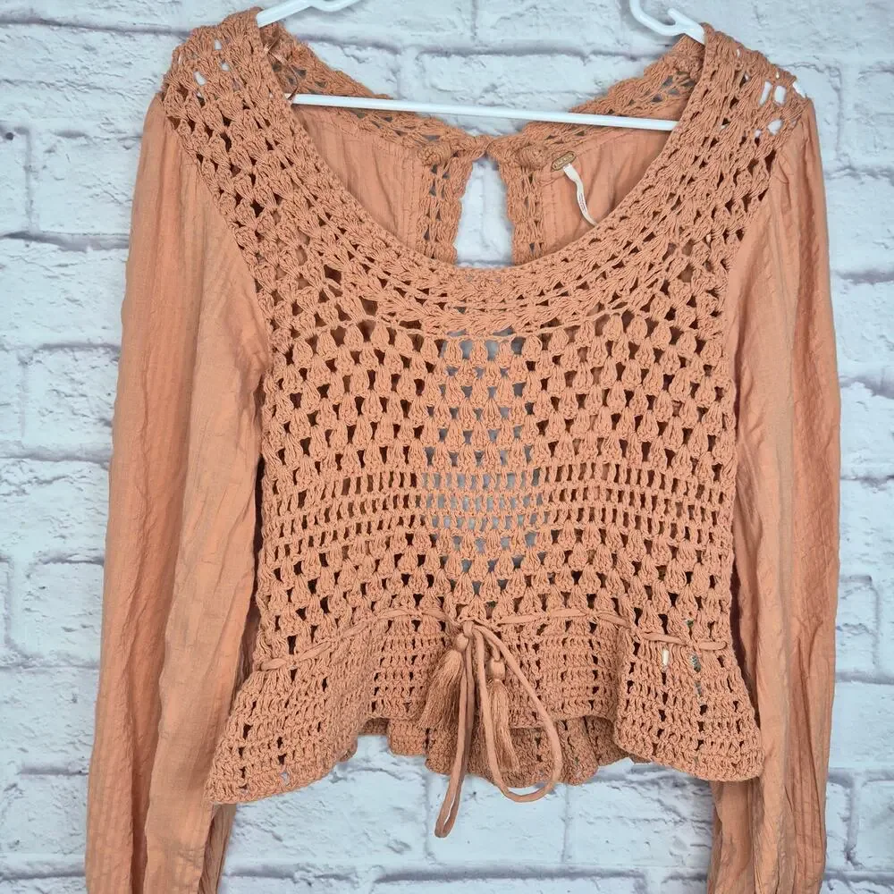 Free People Megan Crochet Peplum Blouse Open Back Boho Top Terracotta Gauze S